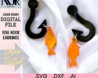 SVG File, Fish Hook Laser Cut Earrings, Acrylic, Earring Laser File, Cut Ready, Digital Download, Studs, Dangles
