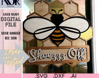 SVG, Five Bee Door Hanger Designs, Welcome Door Sign, Shoes Off, Digital Download, Laser Cut File