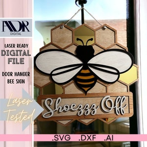 SVG, Five Bee Door Hanger Designs, Welcome Door Sign, Shoes Off, Digital Download, Laser Cut File