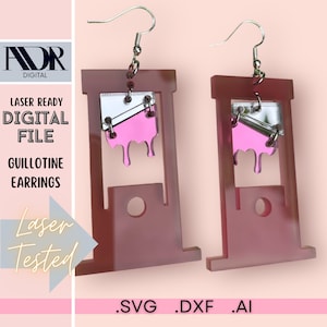 May include: A pair of pink and silver guillotine earrings. The earrings are laser cut and ready to be assembled. The earrings are available in SVG, DXF, and AI formats.