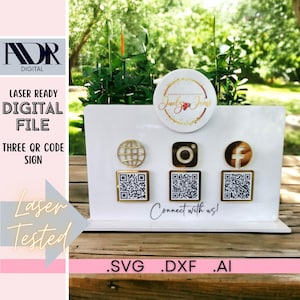 SVG drie QR-code bedrijfsbord horizontaal gesneden bestand, digitale download, sjabloon, lasergesneden, graveren, QR-codeteken, met gratis kerf-tool!