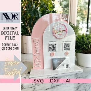 SVG-bord met dubbele boog met houder voor visitekaartjes, digitale download, sjabloon, lasersnijder, lasergraveren, QR-codebord