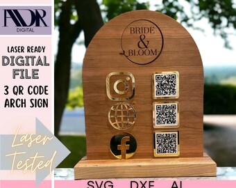 Sinalização em arco com 3 códigos QR cortada a laser – Arquivo digital SVG para sinalização em acrílico, ferramenta de corte incluída, pronto para corte a laser, modelo SVG, DXF e AI.
