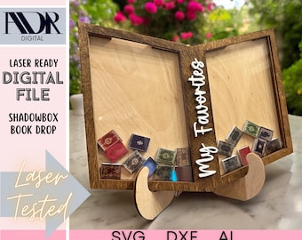 Caja de sombras SVG para libros con soporte, acrílico y madera, descarga digital, archivo láser, letrero cortado con láser