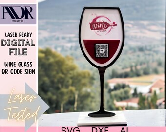 Wine Glass QR Code Sign SVG – Laser Cut Acrylic Display File for Bars & Events, Glowforge Ready, Kerf Tool Included, Digital File