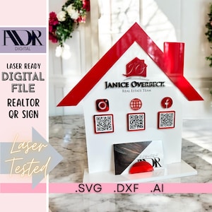 Huis QR-codebord SVG – makelaar lasergesneden bestand voor acrylborden, digitaal display onroerend goed, klaar voor Glowforge, kerfgereedschap inbegrepen