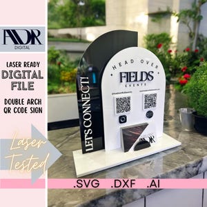SVG-bord met dubbele boog met houder voor visitekaartjes, digitale download, sjabloon, lasersnijder, lasergraveren, QR-codebord