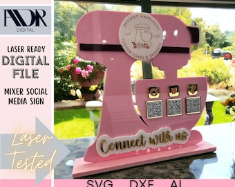 SVG Three QR Code Business Sign Mixer Cut File, Digital Download, Template, Laser Cutter, Laser Engrave, QR Code Sign, with Kerf Tool!