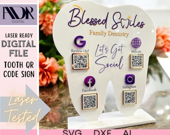 Tooth QR Code Sign SVG – Dental Office Laser Cut File for Acrylic, Dentist QR Sign Template, Glowforge Ready, Kerf Tool Included