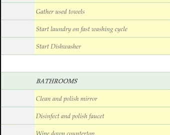 Könnte beinhalten: Eine Checkliste für die Reinigung einer Airbnb-Mietimmobilie. Die Checkliste ist in zwei Abschnitte unterteilt: Waschbares und Badezimmer. Der Abschnitt Waschbares umfasst Aufgaben wie das Abziehen der gebrauchten Bettwäsche, das Einsammeln der gebrauchten Handtücher, das Starten der Wäsche und das Starten des Geschirrspülers. Der Abschnitt Badezimmer umfasst Aufgaben wie das Reinigen und Polieren des Spiegels, das Desinfizieren und Polieren des Wasserhahns, das Abwischen der Arbeitsplatte, das Desinfizieren und Reinigen des Waschbeckens, das Desinfizieren und Polieren des Toilettengriffs sowie das Desinfizieren und Reinigen des Toilettendeckels und -sitzes.