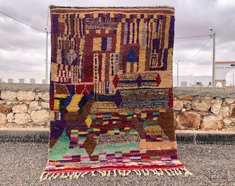 Hand Knotted Wool Berber Rug: Abstract Multicolored Moroccan Rug