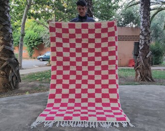 Wool Checkered Pink Beni Ourain Rug, Large Colorful Checker Rug, Morrocan Berber Carpet, Checkerboard Rug