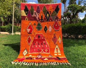 Oranje Marokkaans tapijt - Boujaad oranje tapijt - Costum Marokkaans tapijt - Kleurrijk Beni Ourain tapijt - Handgeknoopt wollen tapijt - Zacht handgemaakt tapijt