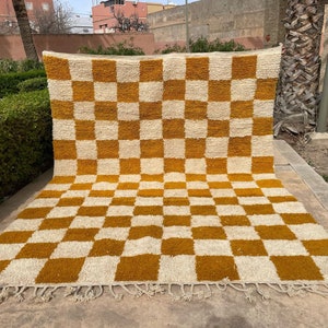 Multicolor Checkered Moroccan Rug, Hand Woven Genuine Moroccan checkered carpet Beni Ourain, Yellow and White Carpet Soft Shag Rug