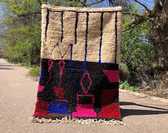 Handmade Pink Berber Wool Rug: Moroccan Boujaad Area Rug