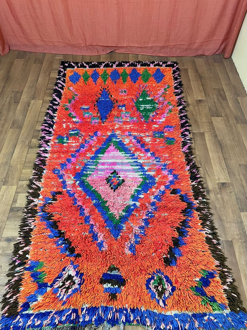 Orange Colorful Rug For Room, Vintage Boujaad Moroccan Rug 4x8 Feet, Art Concept, Halloween Carpet, Unique Rug Genuine Woolen image 2