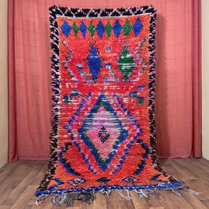 Orange Colorful Rug For Room, Vintage Boujaad Moroccan Rug 4x8 Feet, Art Concept, Halloween Carpet, Unique Rug Genuine Woolen image 1