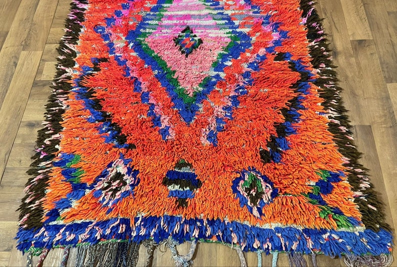 Orange Colorful Rug For Room, Vintage Boujaad Moroccan Rug 4x8 Feet, Art Concept, Halloween Carpet, Unique Rug Genuine Woolen image 7