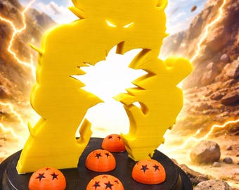 May include: A yellow figure of a character with spiky hair, standing on a black base with orange spheres. The spheres have star designs. The background shows a landscape with mountains and lightning.