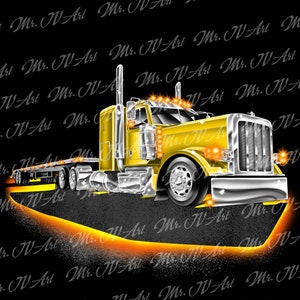 May include: A yellow semi-truck with a flatbed trailer. The truck has a chrome bumper and grill, and the headlights are on. The truck is on a black background with a yellow glow around it.