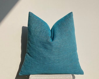 Teal Linen Pillow Cover, Turquoise Soft Euro Sham Cover, Solid Linen Cushion Cover,  Blue Textured Pillow Cover, Custom Size Pillow