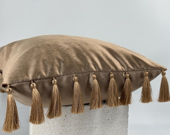 Golden Brown Velvet Throw Pillow with Tassels, Decorative Velvet Cushion Cover, Boho Living Room Home Decor