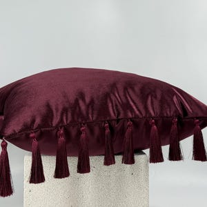 May include: A burgundy velvet pillow with a rectangular shape. The pillow is adorned with matching tassels along the bottom edge. The pillow is resting on a light-colored, textured surface. Home decor item.