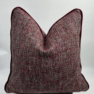 Burgundy and Black Basket-weave Woven Pillow Cover with Burgundy Chenille Pipping,Natural Linen Textured Thick Fabric Burgundy Plaid Pillows