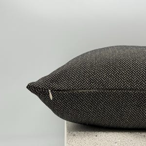 May include: Close-up of a decorative pillow with a black and white herringbone pattern. The pillow has a zipper closure and is resting on a light-colored surface. The pillow is a neutral color and would complement many decor styles.