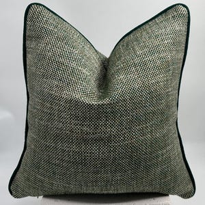 Green and Beige Basket-weave Woven Pillow Cover with Green Chenille Pipping,Natural Linen Textured Thick Fabric,Green and Beige Plaid Pillow