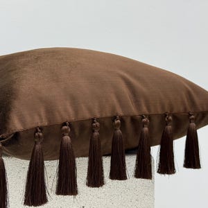 Chocolate Brown Velvet Throw Pillow with Tassels, Boho Fringe Cushion Cover, Decorative Accent Pillow for Sofa,Bed, or Living Room Decor