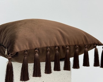 Chocolate Brown Velvet Throw Pillow with Tassels, Boho Fringe Cushion Cover, Decorative Accent Pillow for Sofa,Bed, or Living Room Decor