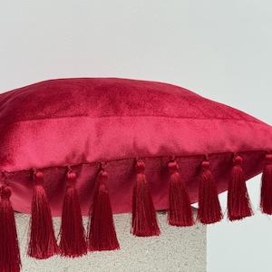 Red Velvet Throw Pillowcase with Tassel,Decorative Cushion Cover, Boho Luxe Home Decor, Brıght Red Velvet Accent Pillow, Handmade Pillowcase