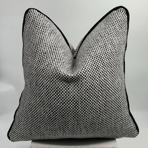 Black and White Basket-weave Woven Pillow Cover with Black Chenille Pipping,Natural Linen Textured Thick Fabric,Black and White Plaid Pillow