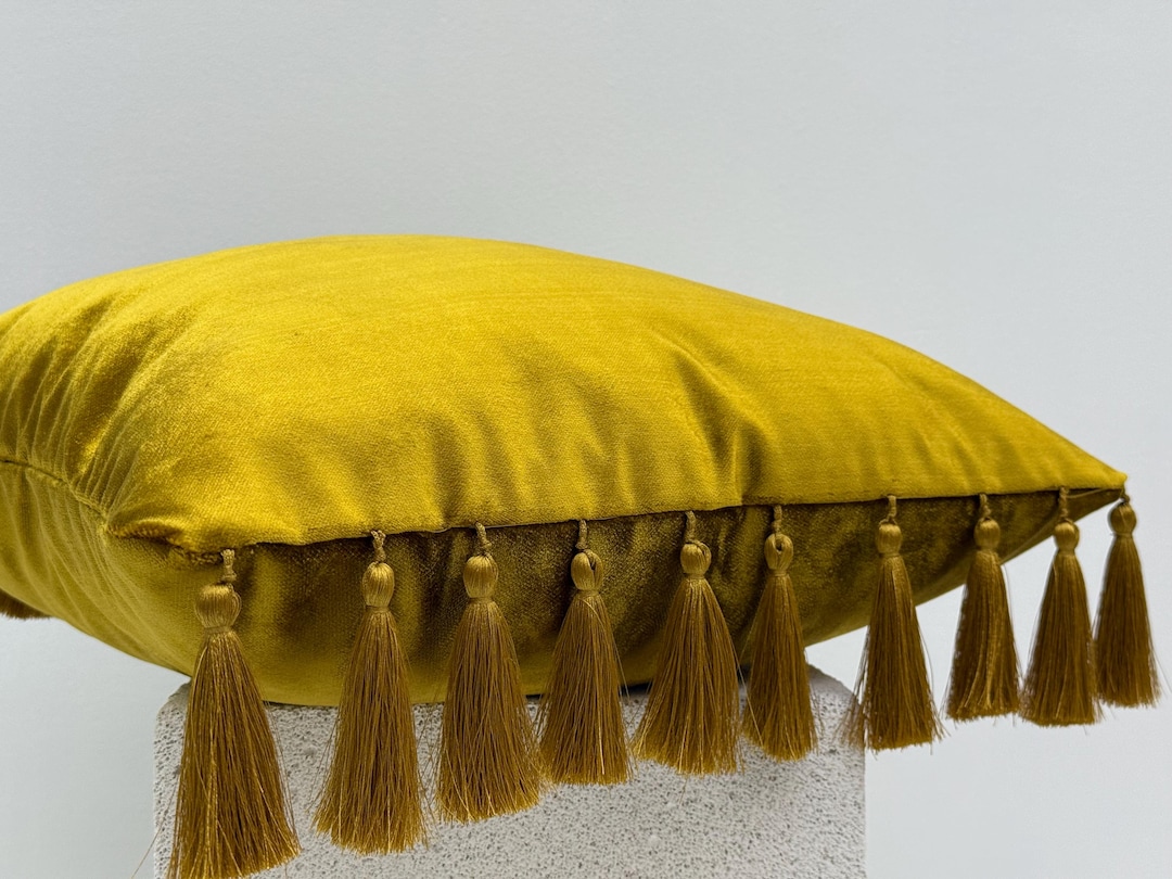 Mustard Yellow Velvet Throw Pillow with Tassels, Boho Chic Cushion Cover, Modern Decorative Accent Pillow for Sofa or Bed, Yellow Euro Sham
