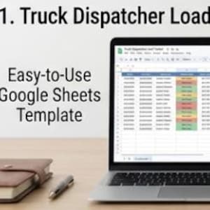 May include: A laptop screen displaying a Truck Dispatcher Load Tracker spreadsheet template. Text reads: 1. Truck Dispatcher Load Tracker Spreadsheet, Easy-to-Use Google Sheets Template, and Works on All Devices! Icons of a laptop, tablet, and phone are included.