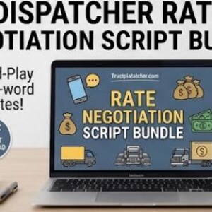 Puede incluir: Una pantalla de portátil muestra el Dispatcher Rate Negotiation Script Bundle con ilustraciones de camiones, bolsas de dinero y efectivo. El texto incluye Plug-and-Play word-for-word templates y PDF Instant Download sobre fondo blanco.