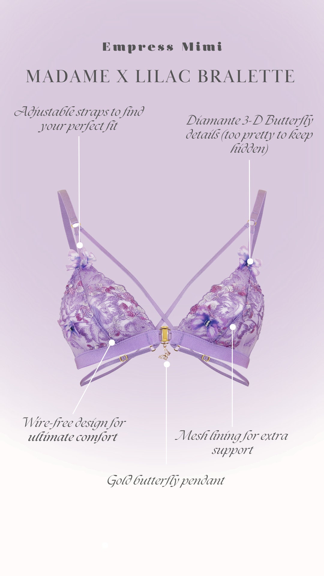 Madame X Strappy Bralette in Lilac Luxury Wirefree Butterfly Lingerie -   Australia