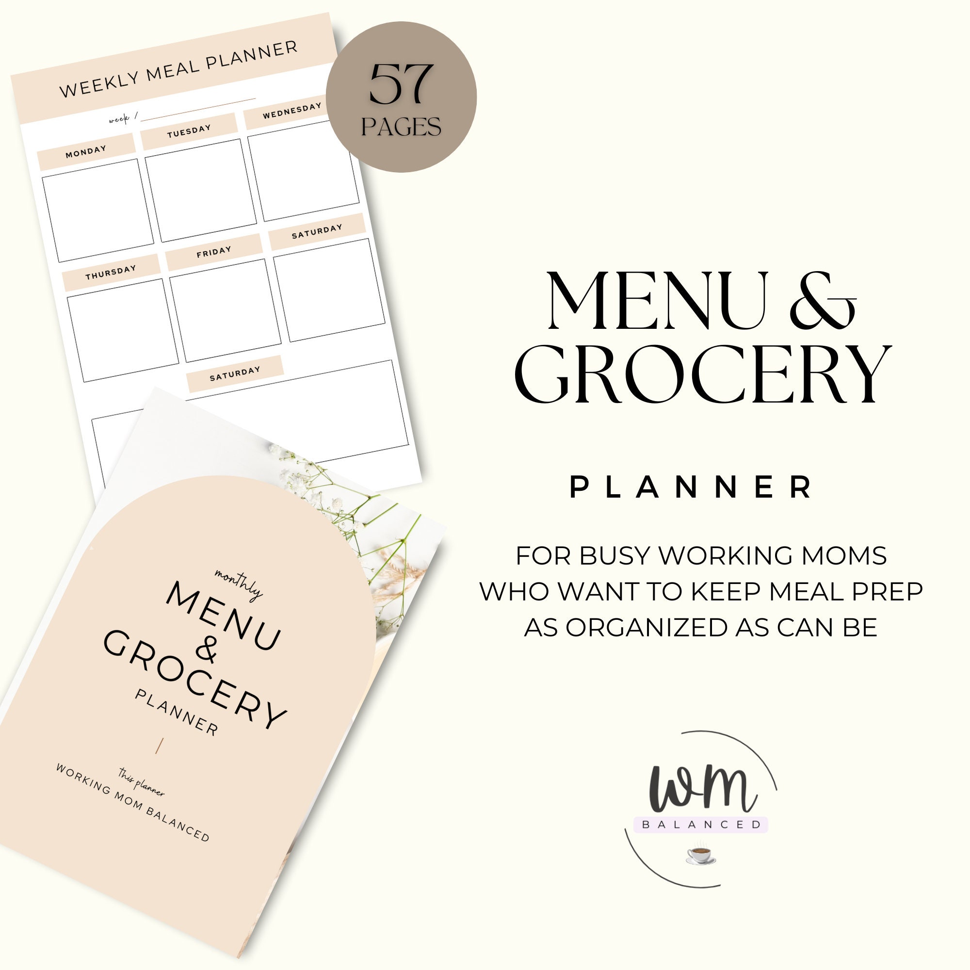 Menu and Grocery Planner, Working Mom Planner, Meal Organizer, Brown ...
