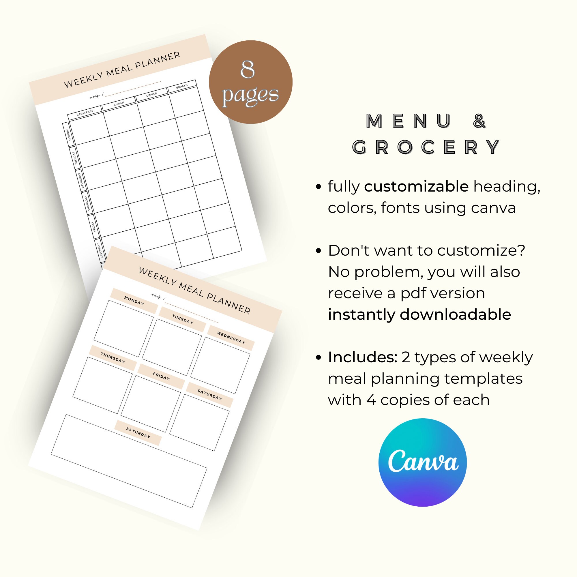 Menu and Grocery Planner, Working Mom Planner, Meal Organizer, Brown ...