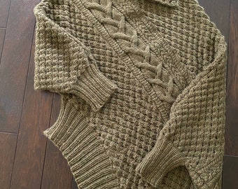 Hand knit asymmetrical pullover cable sweater