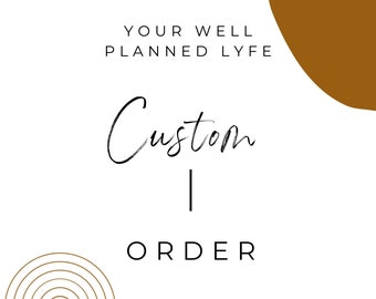 Pode incluir: Um fundo branco com o texto "YOUR WELL PLANNED LYFE" e "Custom Order" em preto. Uma forma abstrata marrom está no canto superior direito. Uma forma abstrata dourada está no canto inferior esquerdo.