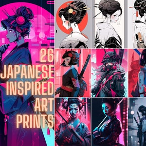 26 Piece Printable Wall Art Bundle, Cyberpunk Japanese Anime, Digital Prints, Geisha, Ninja, Perfect for Anime and Cyberpunk Enthusiasts!