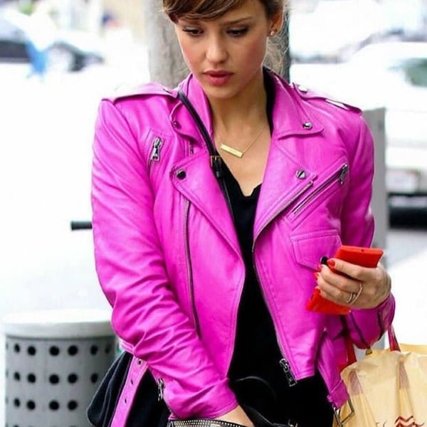 Veste de motard rose, veste courte décontractée, veste de moto motard pour femme, 100 % cuir d'agneau véritable