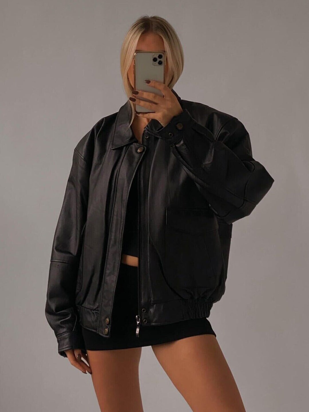 90s Vintage Leather Bomber Jacket: Women's Oversized Retro