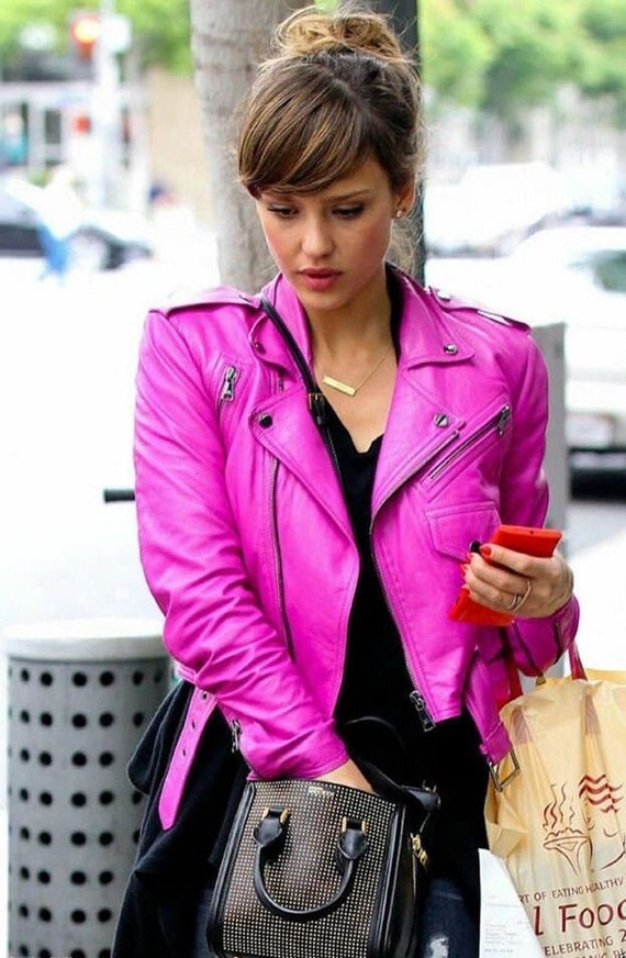 Pink Lambskin Leather Biker Jacket: Cropped Motorcycle Style