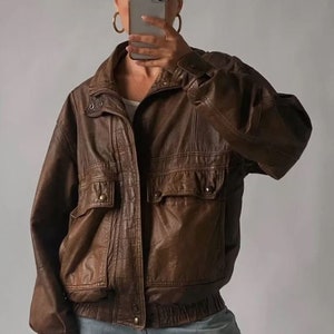 Blouson bomber oversize en cuir d'agneau souple surdimensionné, veste tendance des années 90 pour femme