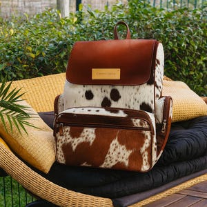 Cowhide Diaper Backpack Bag, Cowhide Backpack Bag, Brown White Cowhide Large Backpack Bag Gift for Mom, Kids, Toddlers, Travel Backpack Bag