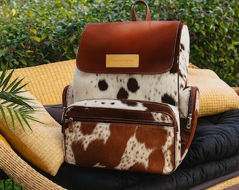 Cowhide Diaper Backpack Bag, Cowhide Backpack Bag, Brown White Cowhide Large Backpack Bag Gift for Mom, Kids, Toddlers, Travel Backpack Bag