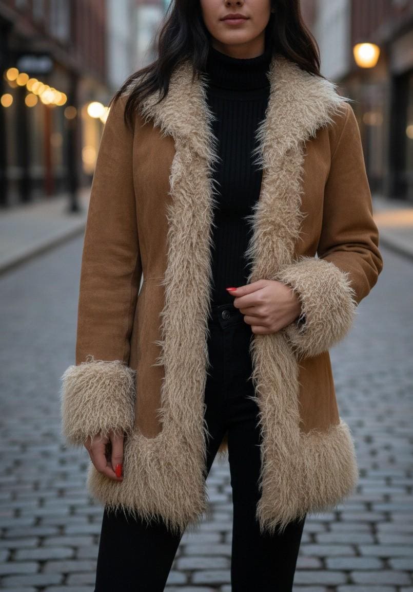 Brown Suede Penny Lane Coat for Women Vintage 80s Boho Shearling Afghan Jacket Retro Fur Trim Winter Coat Gifts for Her